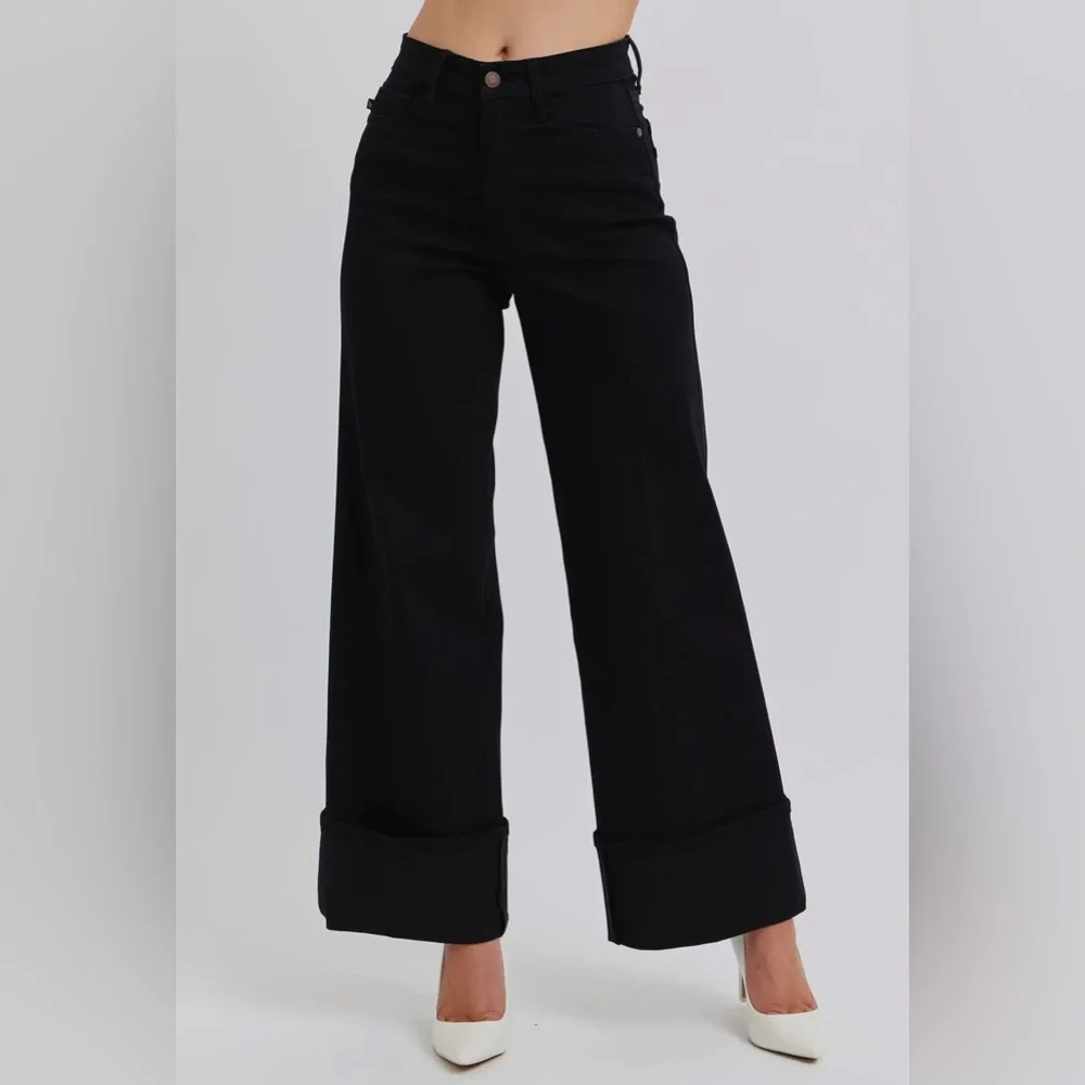 Judy Blue High Waisted Retro Wide Cuffed Leg Black Jeans NWT - Picture 4 of 8